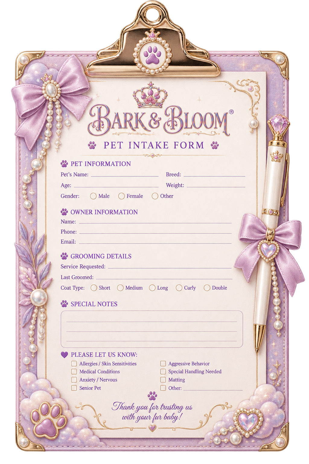 Bark and Bloom pet intake form on a clipboard